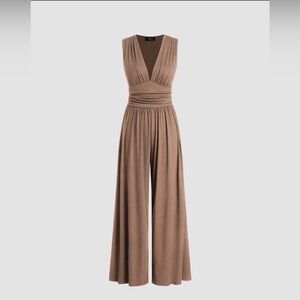 New with tags Neck Ruched Solid Wide Leg Jumpsuit in Khaki